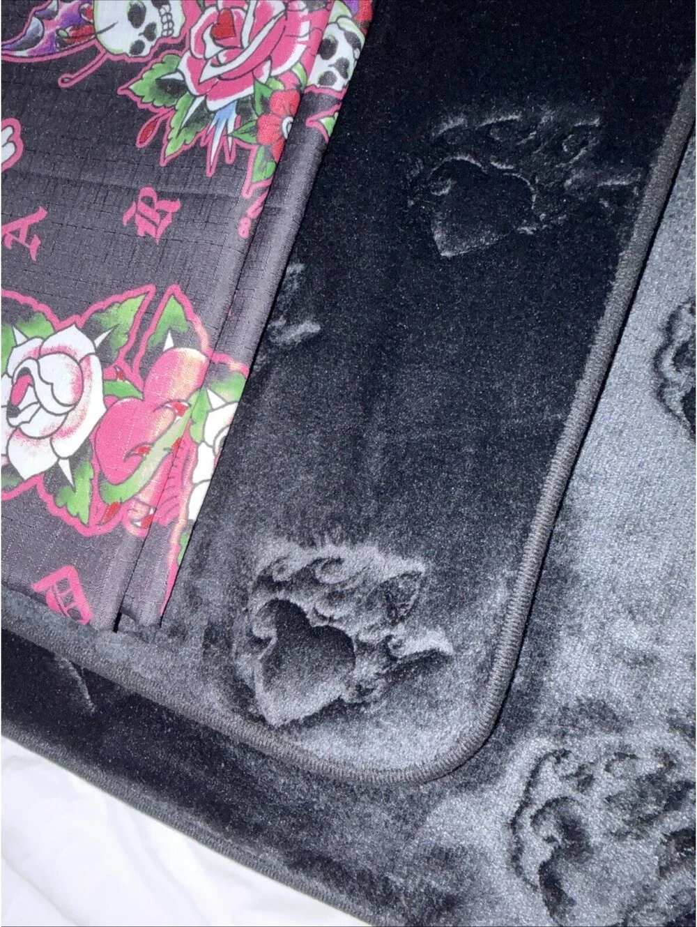 Ed Hardy 15pc Shower Curtain Set Black & Pink Tiger Burning Heart Skull & 2 Rugs